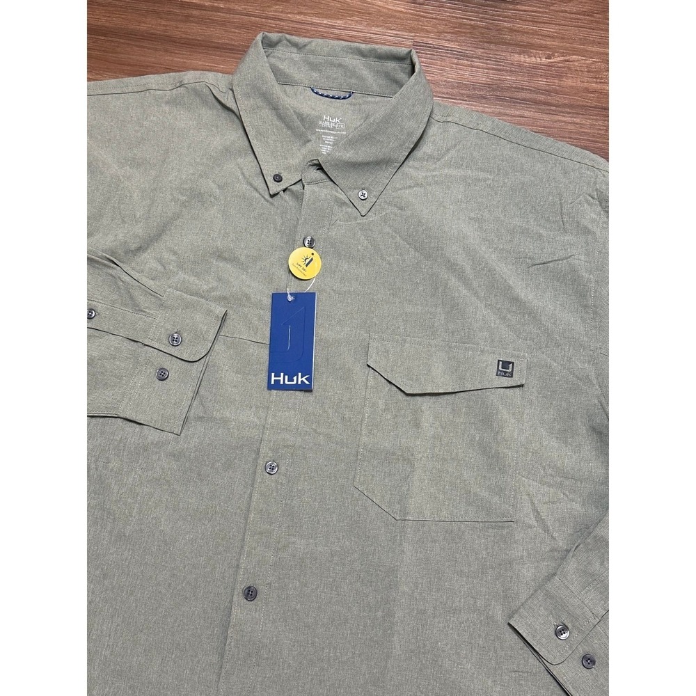 Huk Tide Point Break Chambray Long Sleeve Button Up Shirt Green Fishing Sz 3XL